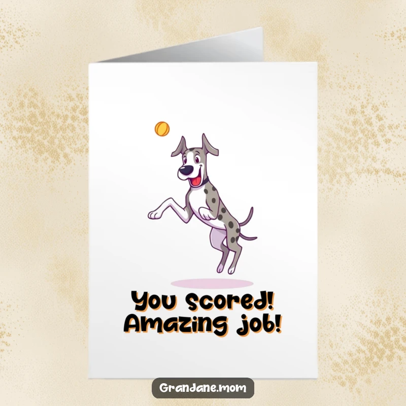 Funny Free Printable Congratulations Card featuring a Great Dane's long legs in mid-air, joyfully pursuing a thrown toy.
