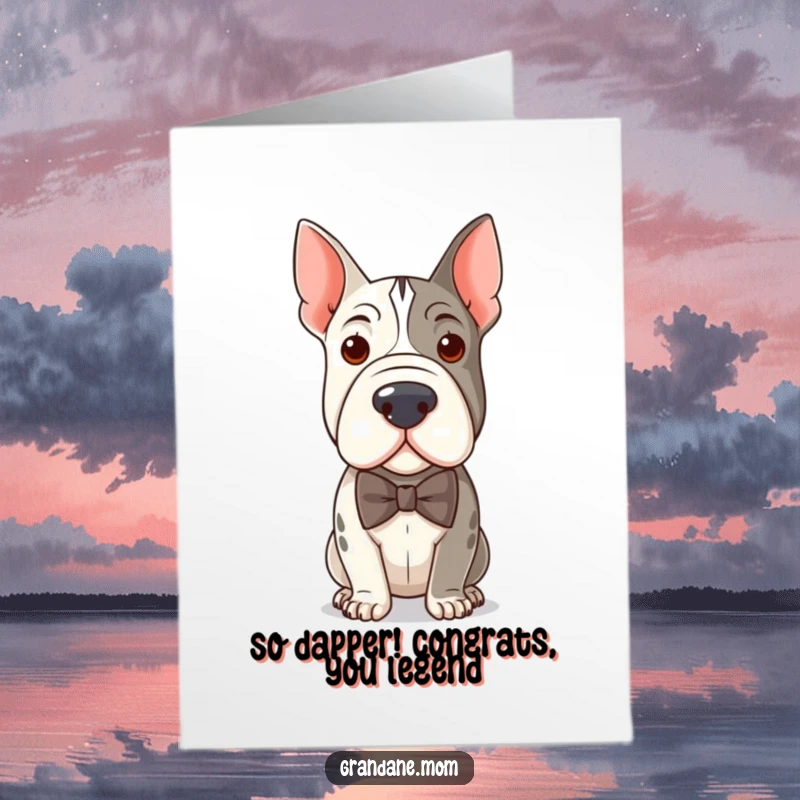 Free Printable Congratulations Card: See a distinguished Grand Dane looking sharp in a bow tie, celebrating achievements.