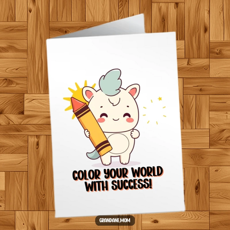 Funny Free Printable Congratulations Card: Daniff holding giant crayon drawing a happy sun, celebrating achievements brightly.