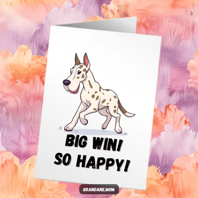 Funny Free Printable Grand Dane Congratulations Card: Dog trotting determinedly, exploring, perfect for a humorous downloadable congratulations.