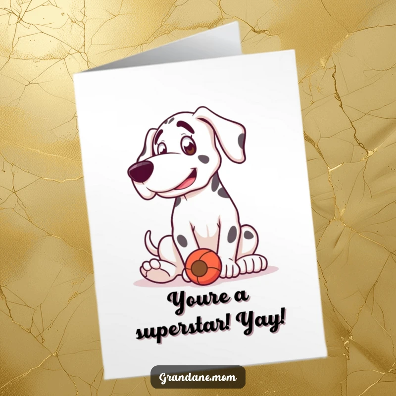 Funny Free Printable Grand Dane Congratulations Card: Dog playing with a toy, bouncing, perfect for a humorous downloadable congratulations.