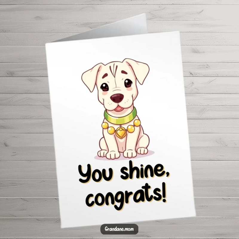 Cute Free Printable Congrats Card: A Grand Dane in a gleaming collar radiates gentle warmth, congratulating success with positive energy.