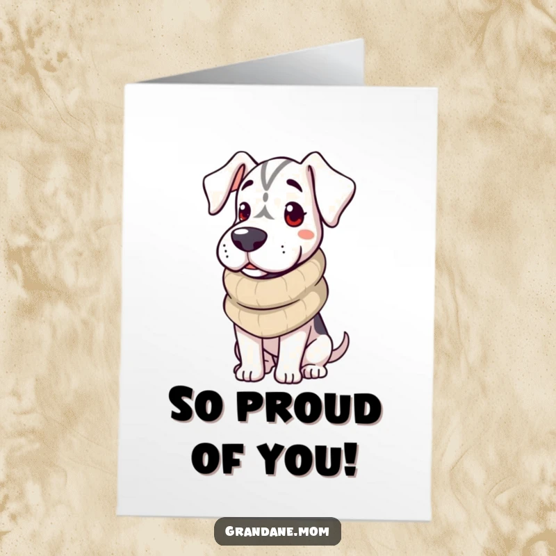 Funny Free Printable Grand Dane Congratulations Card: A contented Dane wrapped in a scarf, sharing warm wishes for your success.