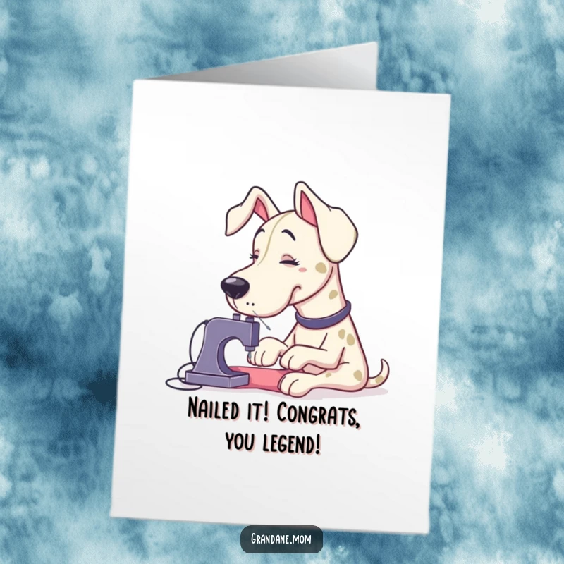 Funny Free Printable Congrats Card: A massive Grand Dane hilariously fumbles sewing a minuscule button with enormous needles, perfect for any achievement.