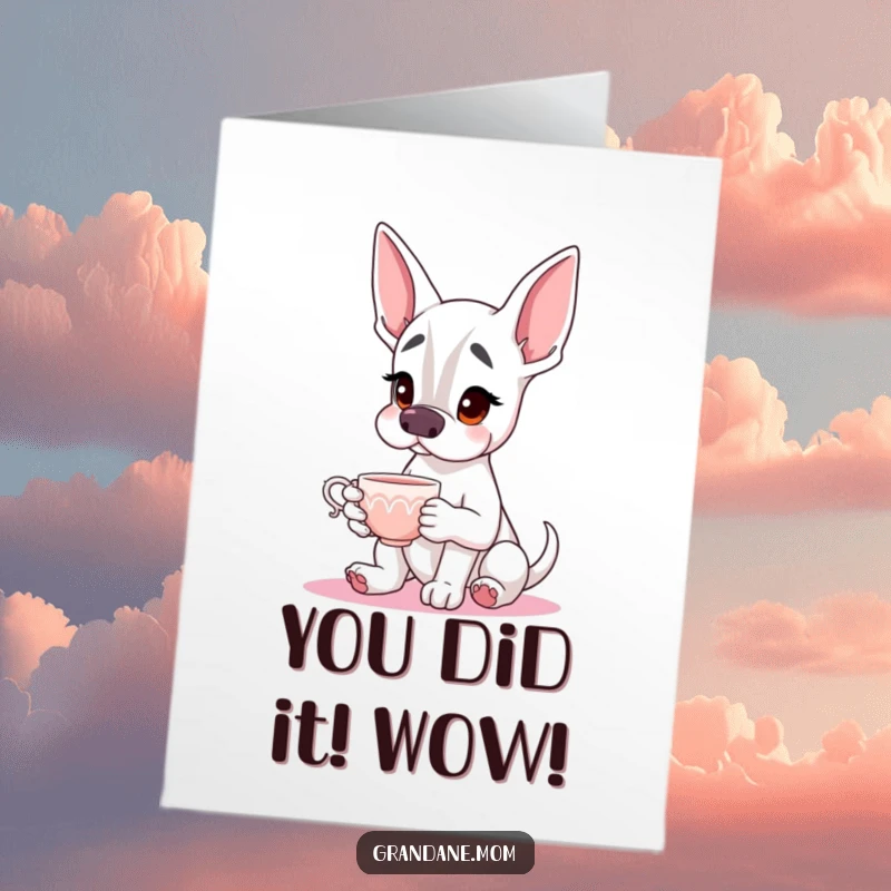 Funny Free Printable Grand Dane Congratulations Card: A sophisticated Dane gracefully holds a teacup, celebrating your success.