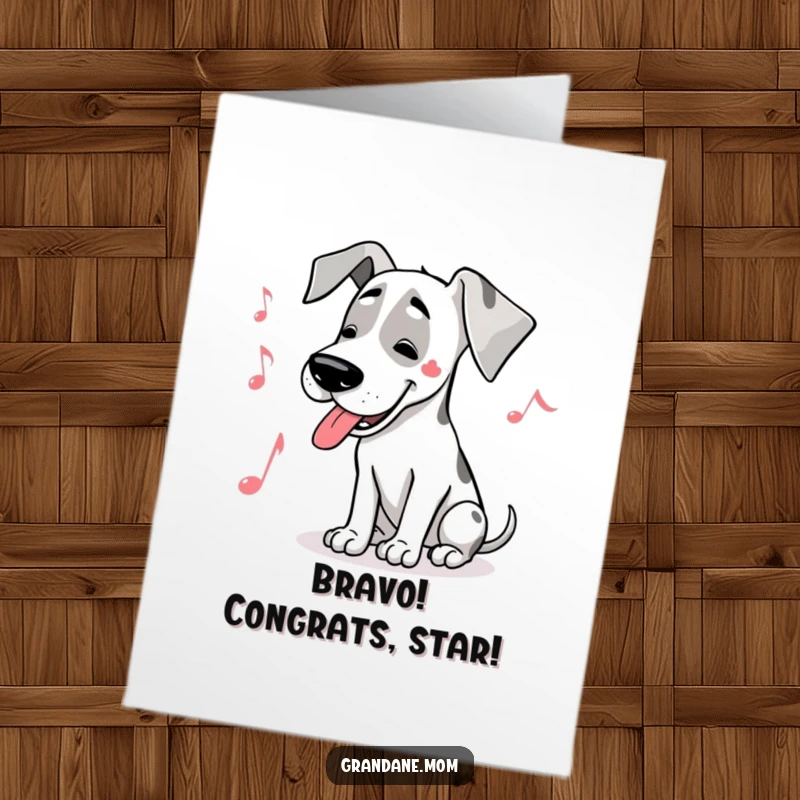 Free Printable Congratulations Card: Great Dane with a musical note, happily humming a triumphant tune, celebrating a grand accomplishment.