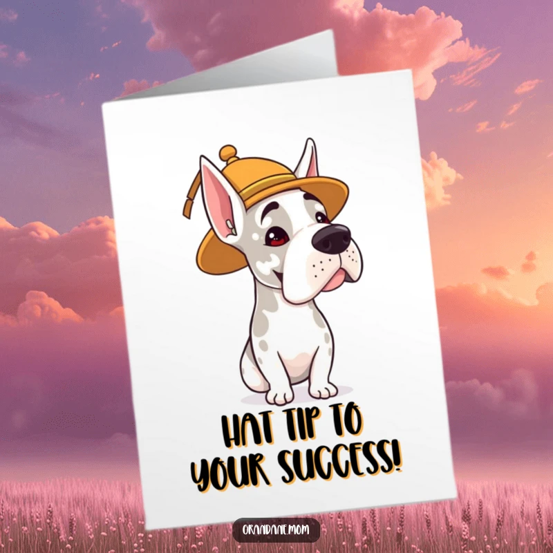 Funny Free Printable Congratulations Card: A Grand Dane wearing a fun, whimsical hat, offering a polite head nod.