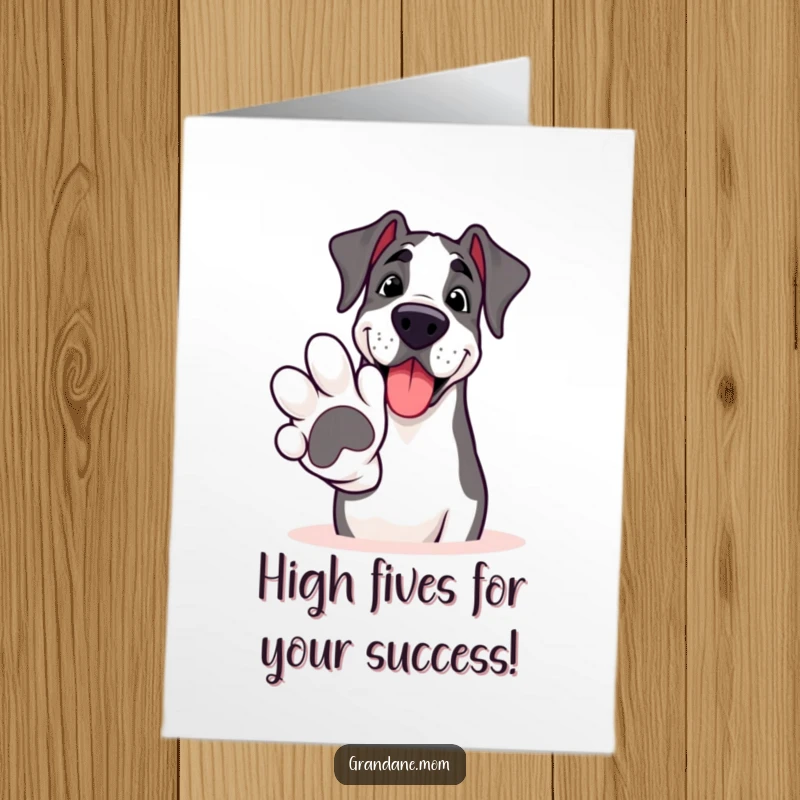 Funny Free Printable Congrats Card: Smiling Grand Dane extending a huge paw for a celebratory high-five.