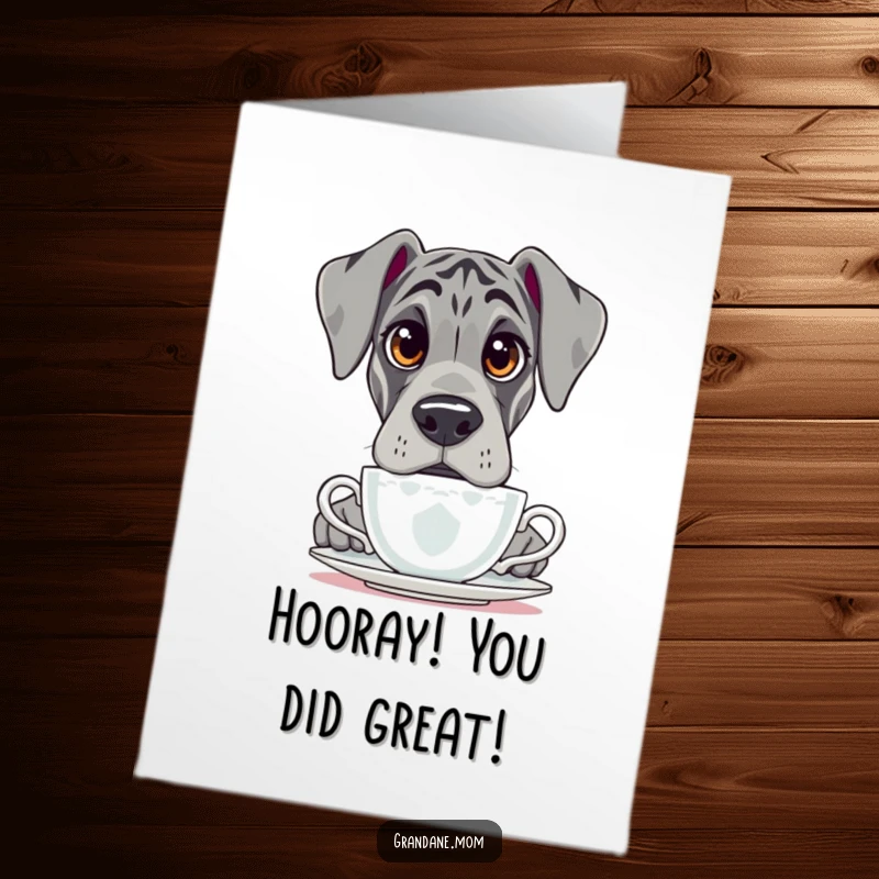 Funny Free Printable Grand Dane Congratulations Card: Dog with questioning eyes peeking over a teacup, downloadable message.