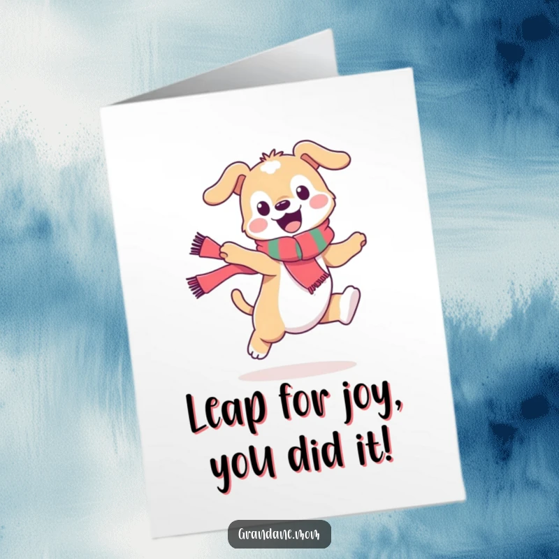 Funny Free Printable Congratulations Card: Stylish daniff in a scarf leaping joyfully, celebrating success with humor.
