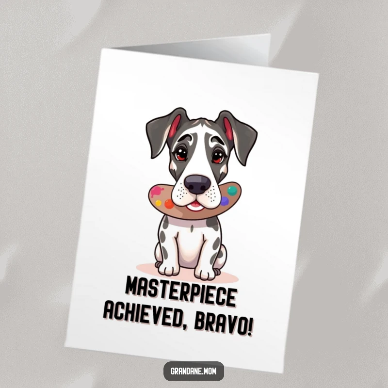 Funny Free Printable Congratulations Card: Great Dane with a paint palette, painting a vibrant canvas, celebrating a creative success.