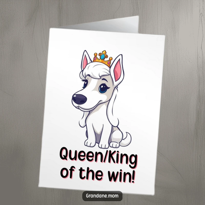 Funny Free Printable Congratulations Card: Grand Dane wearing a tiny tiara, looking regal to celebrate a significant and grand accomplishment.