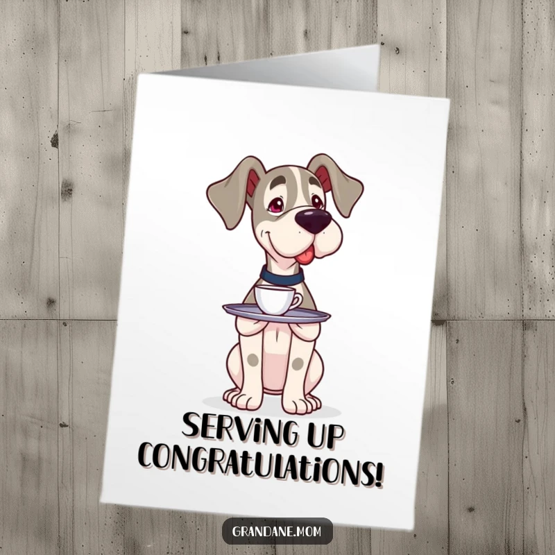 Funny Free Printable Congratulations Card: Grand Dane carefully balancing a small tray with a cup, celebrating a win with gentle humor.