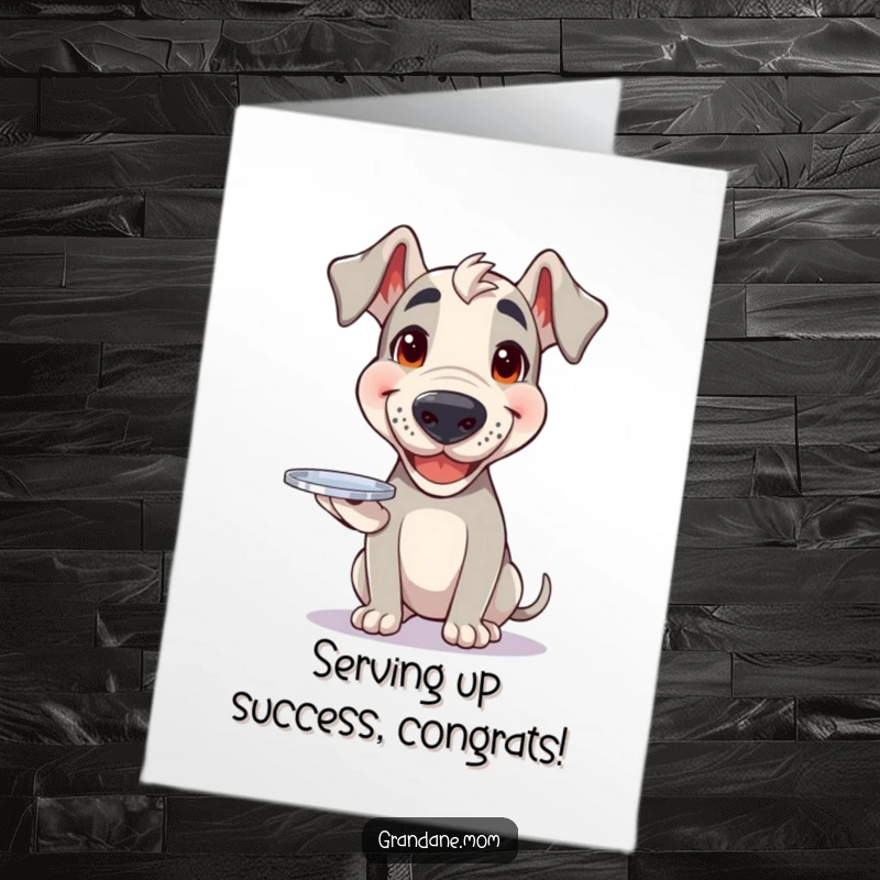 Funny free printable Grand Dane congratulations card, a dog with a big smile balancing a small silver tray, presenting congratulations.