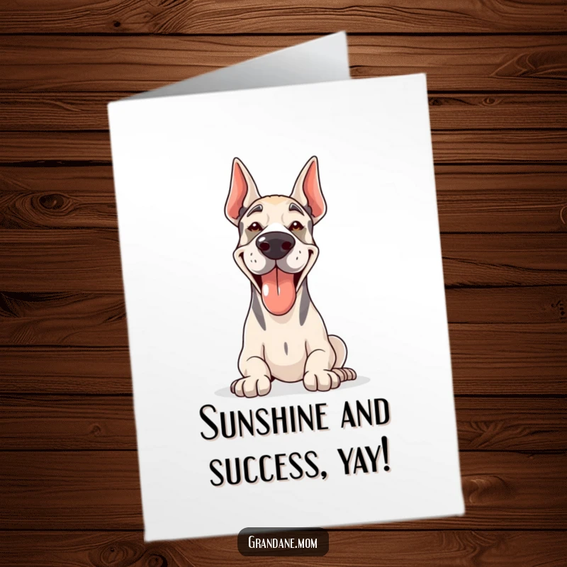 Funny Free Printable Congratulations Card featuring a Grand Dane with a wide, happy pant, soaking up the sun.