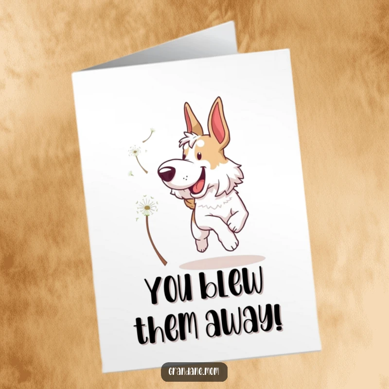 Funny Free Printable Congrats Card: Enormous Grand Dane playfully chasing a fluffy dandelion seed, celebrating a special moment.