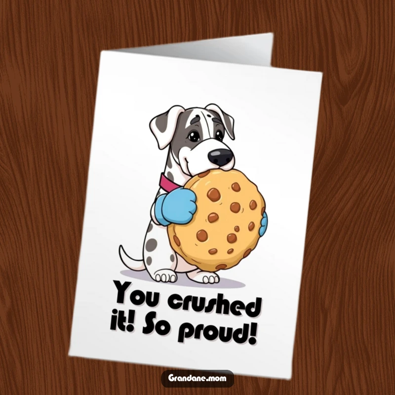 Funny Free Printable Congrats Card: Grand Dane with oven mitts presenting a huge cookie for congratulations.