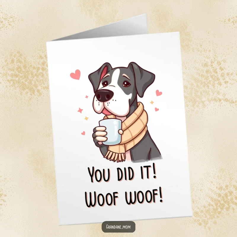 Funny Free Printable Congratulations Card showing a Great Dane in a scarf holding a hot beverage, celebrating success warmly.