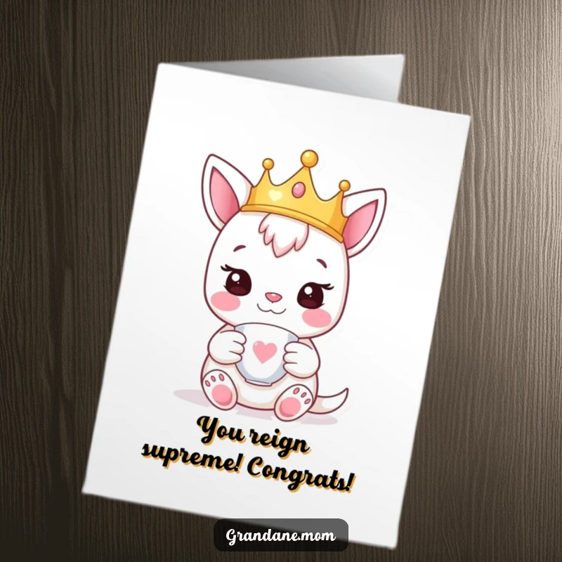 Funny Free Printable Congratulations Card: A happy daniff in a crown, holding a teacup, celebrating your grand victory.