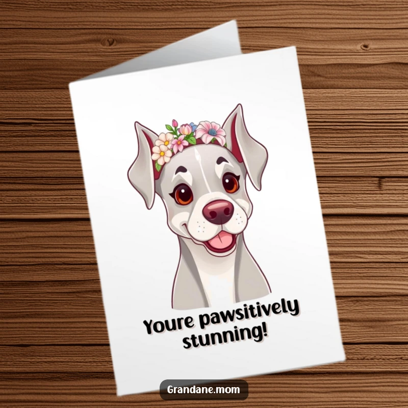 Funny free printable congratulations card with a lovely Grand Dane sporting a floral headband, conveying sophisticated joy.