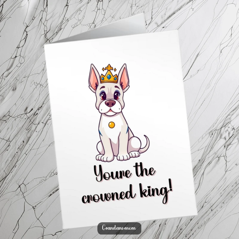 Funny Free Printable Congrats Card featuring a majestic Grand Dane dog wearing a tiny crown, celebrating achievements.