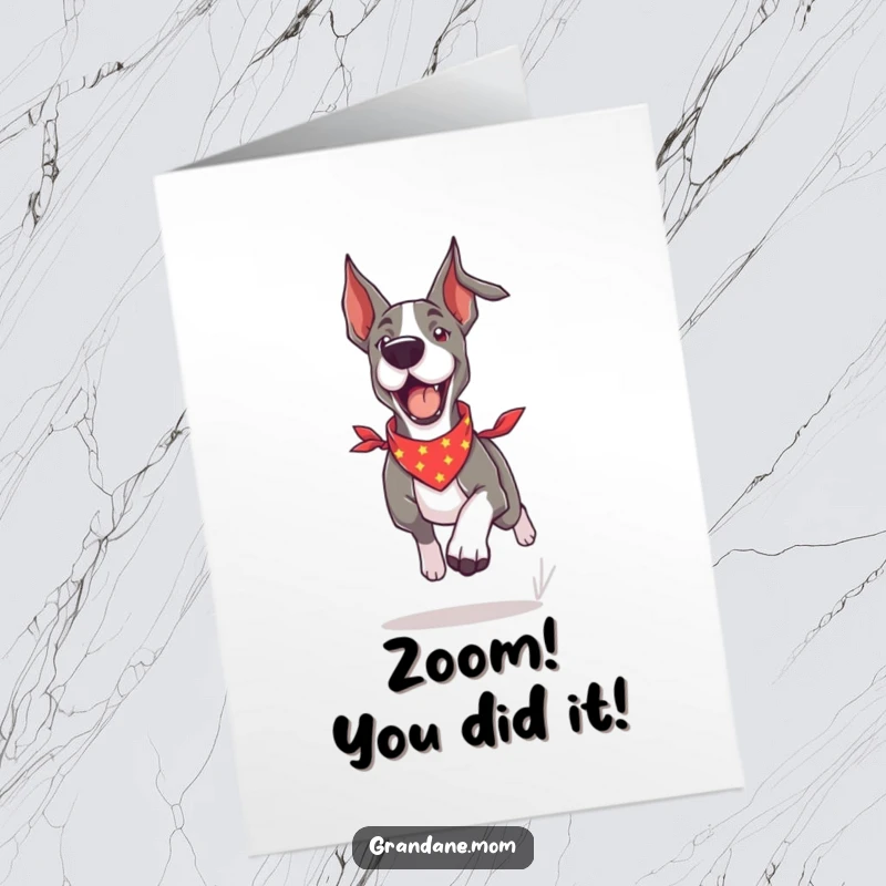 Funny Free Printable Congratulations Card: A playful Grand Dane wearing a bandana runs energetically, celebrating success.
