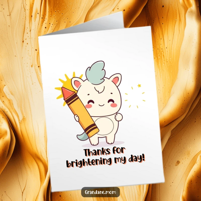 Funny Free Printable Thank You Card: Daniff holding giant crayon drawing a happy sun, sending sunny gratitude.