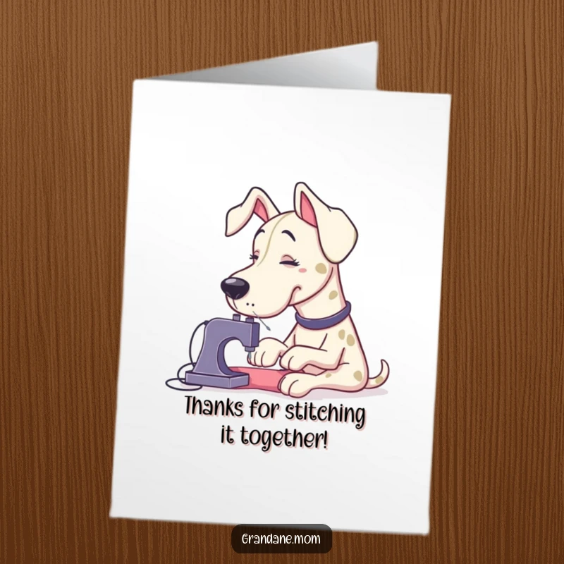 Funny Free Printable Thank You Card: A large Grand Dane hilariously attempts to sew a tiny button using oversized needles, showing appreciation.
