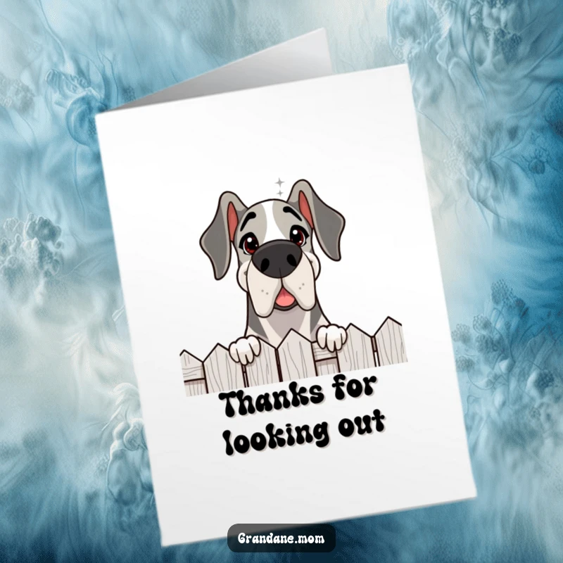 Funny Free Printable Thank You Card: Delighted Grand Dane friendly peering over a fence, sending thanks.