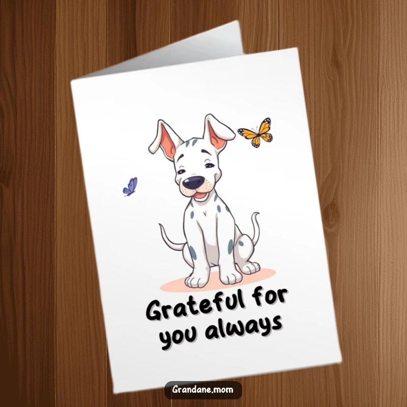 Funny Free Printable Grand Dane Thank You Card: Dog with a playful wiggle attempting to dance with a butterfly.