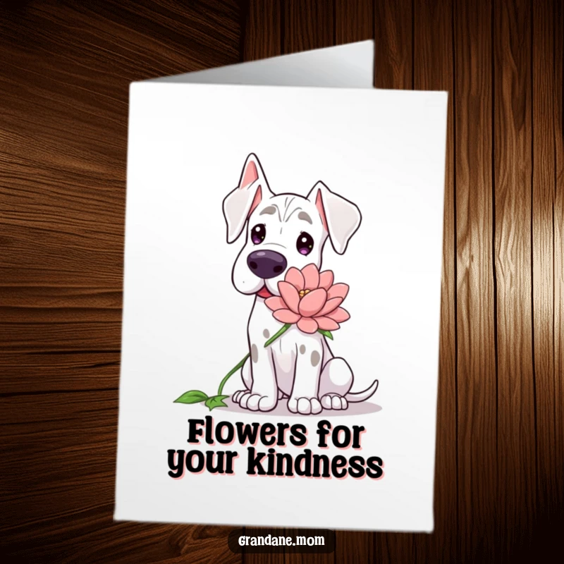 Funny Free Printable Grand Dane Thank You Card: Gentle dog offering a large flower, downloadable expression of thanks.