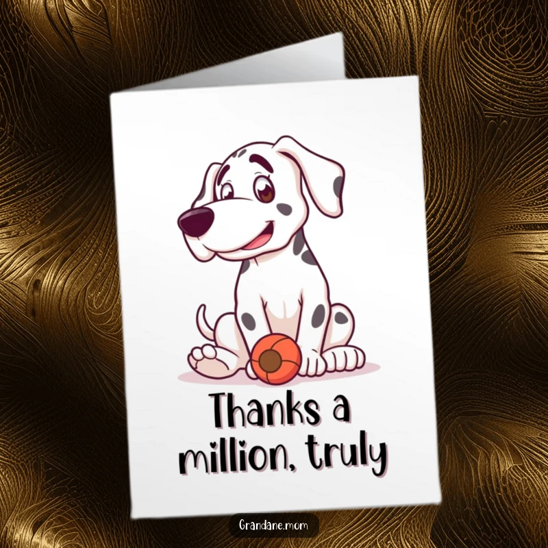 Funny Free Printable Grand Dane Thank You Card: Playful dog bouncing with a toy, great for downloadable thank you.