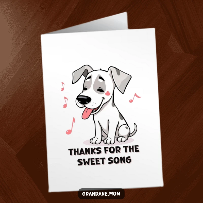 Funny Free Printable Thank You Card: Great Dane with a musical note, gently humming a thankful tune with warmth and sincerity.