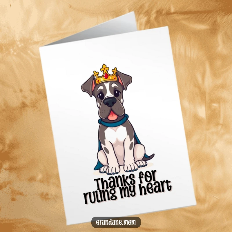 Funny Free Printable Great Dane wearing a crown sits proudly for a thank you card.