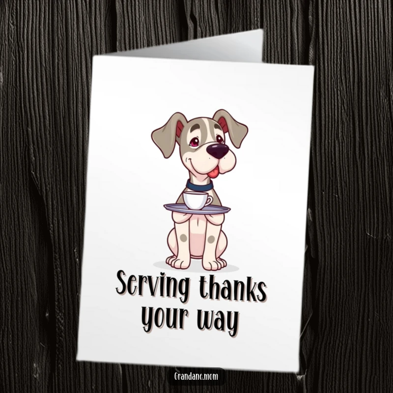 Funny Free Printable Thank You Card: Grand Dane carefully balancing a small tray with a cup, offering sincere thanks with a comical touch.