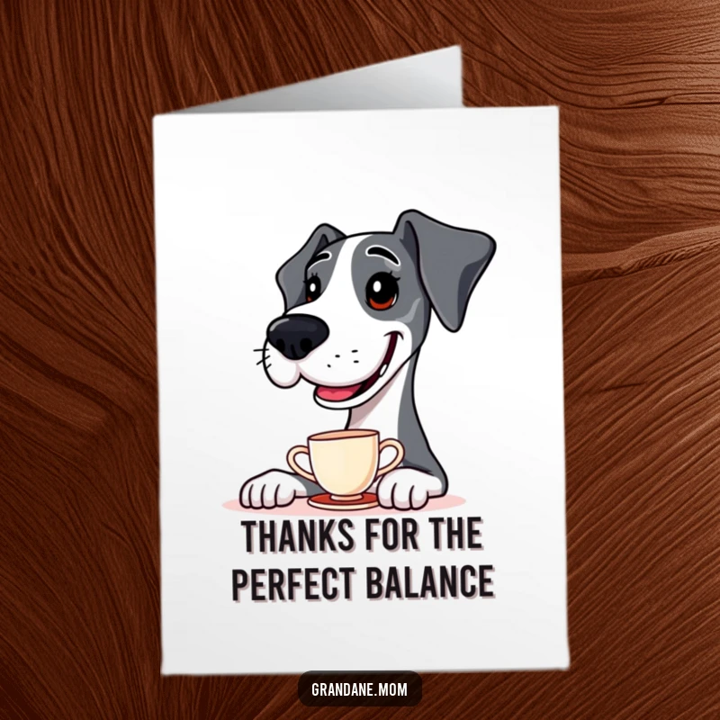 Funny Free Printable Thank You Card: A smiling Great Dane humorously balancing a tiny teacup on its nose, perfect for gratitude.