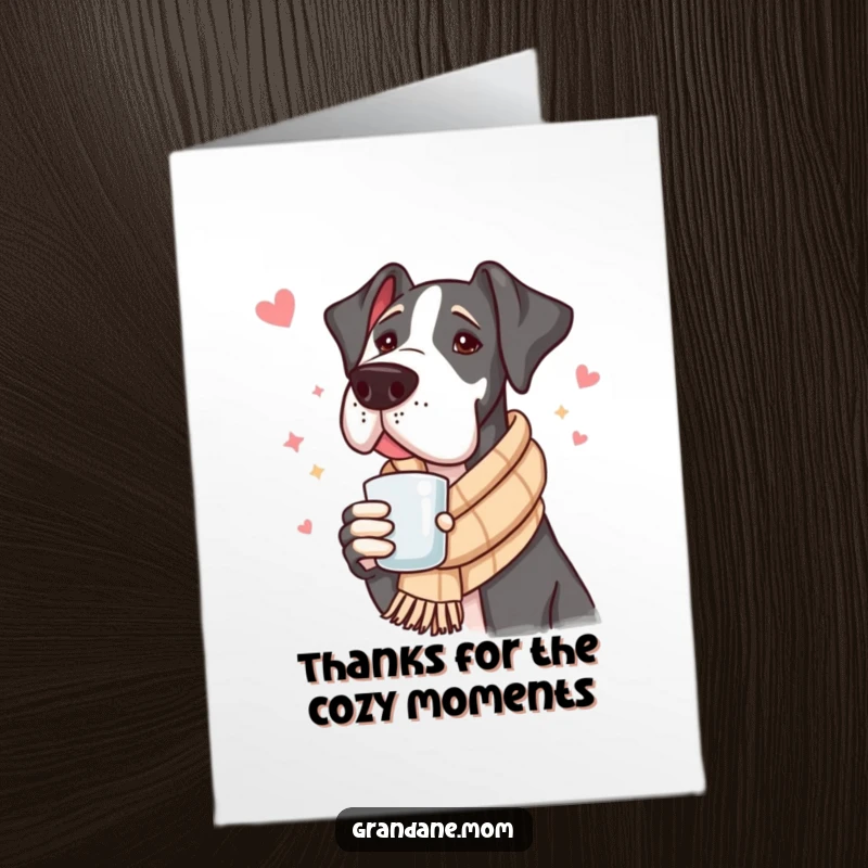 Funny Free Printable Thank You Card depicting a Great Dane in a scarf enjoying a cozy drink, expressing sincere appreciation.