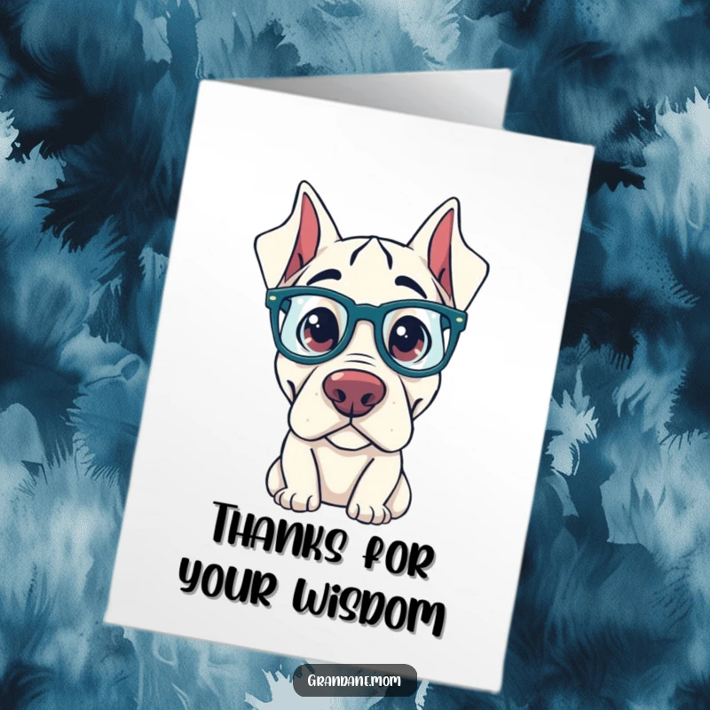 Funny Free Printable Thank You Card of a Grand Dane dog wearing oversized glasses, looking thoughtfully.