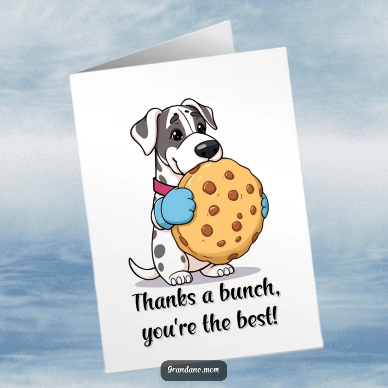 Funny Free Printable Thank You Card: Grand Dane in oven mitts offering a massive cookie, saying thanks.