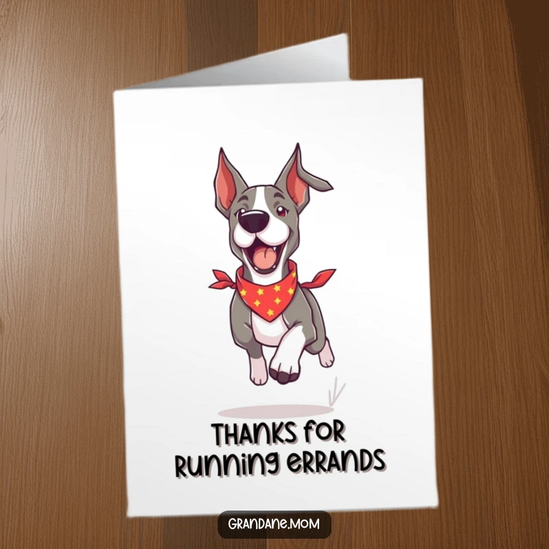 Funny Free Printable Thank You Card: Playful Grand Dane in a bandana running with energy, conveying thanks.