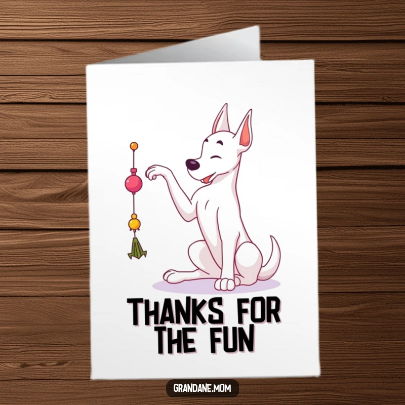 Funny Free Printable Thank You Card: A Grand Dane elegantly reaches out to grab a dangling toy.