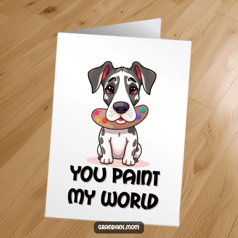 Funny Free Printable Thank You Card: Great Dane with a paint palette, painting a heart, expressing artistic gratitude.