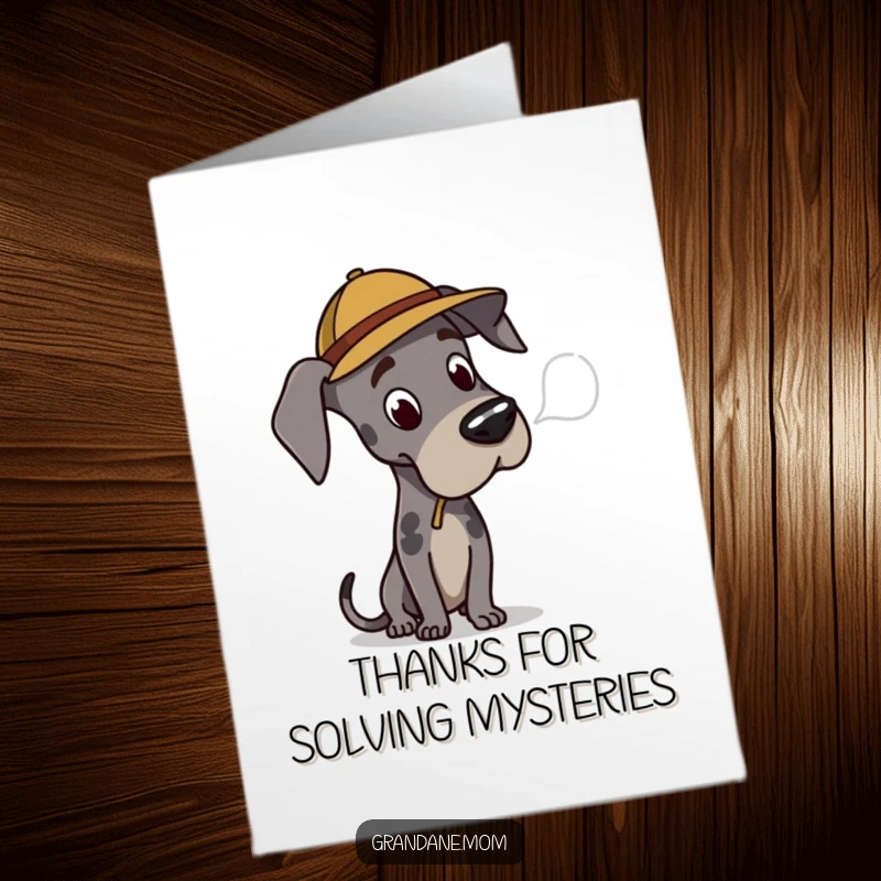 Funny Free Printable Thank You Card: Great Dane detective hat, holding a thank you note, solving the mystery of gratitude.