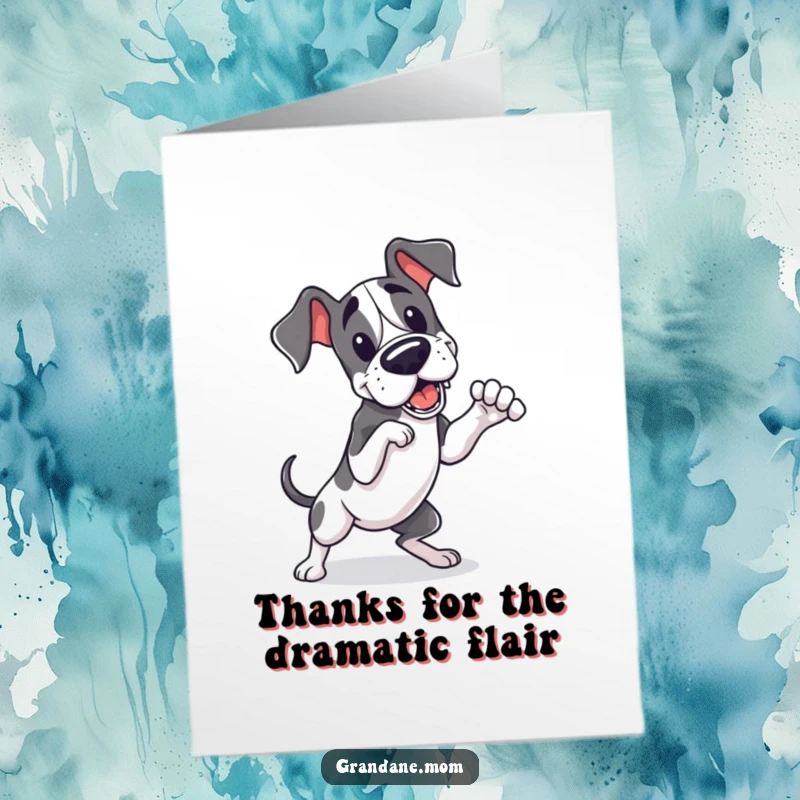 Funny Free Printable Thank You Card: A cute Kawaii Great Dane striking a dramatic pose, perfect for expressing gratitude with personality.