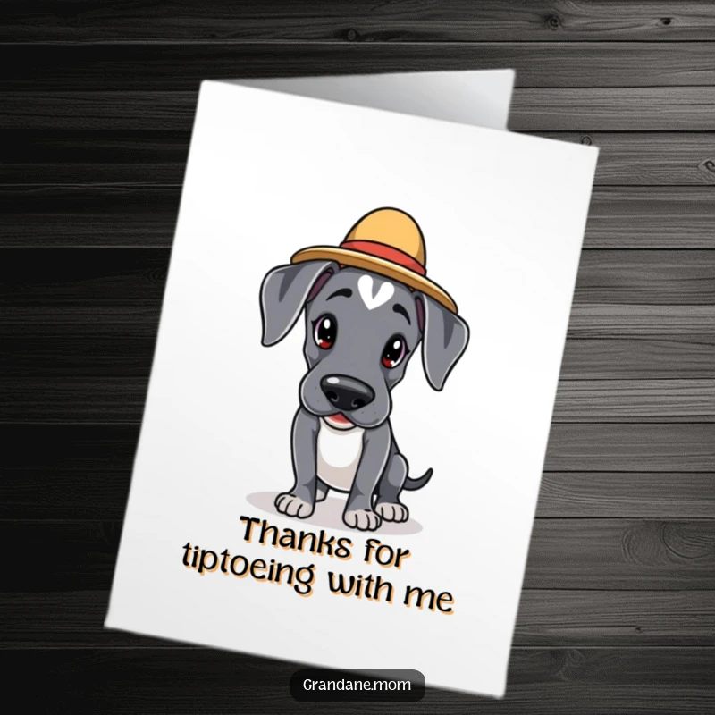 Funny Free Printable Thank You Card: a Kawaii Great Dane in a small hat tiptoeing, offering thanks with a smile.