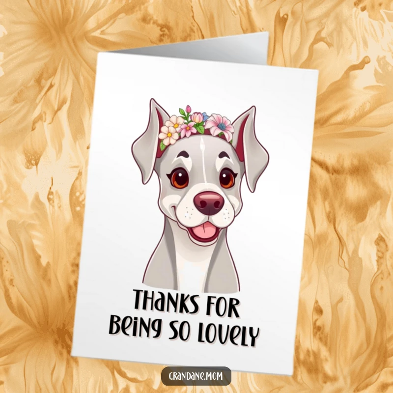 Funny free printable thank you card showcasing a lovely Grand Dane in a floral headband, exuding warmth and gratitude.