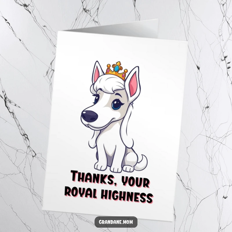 Funny Free Printable Thank You Card: Grand Dane in a miniature tiara, looking incredibly regal while expressing sincere thanks.