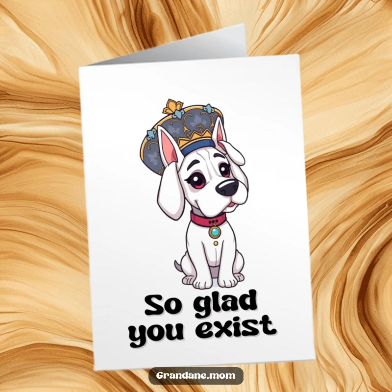 Funny Free Printable Grand Dane Thank You Card: Elegant dog wearing a large ornate hat, downloadable thank you note.