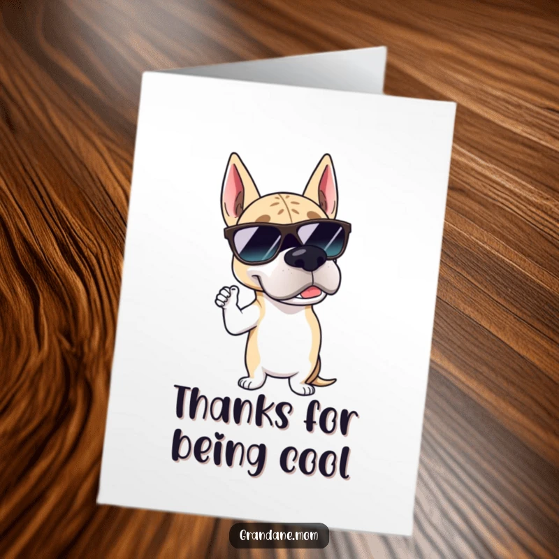 Funny Free Printable Thank You Card: Grand Dane in stylish sunglasses, posing suavely to express thanks with a cool and humorous touch.