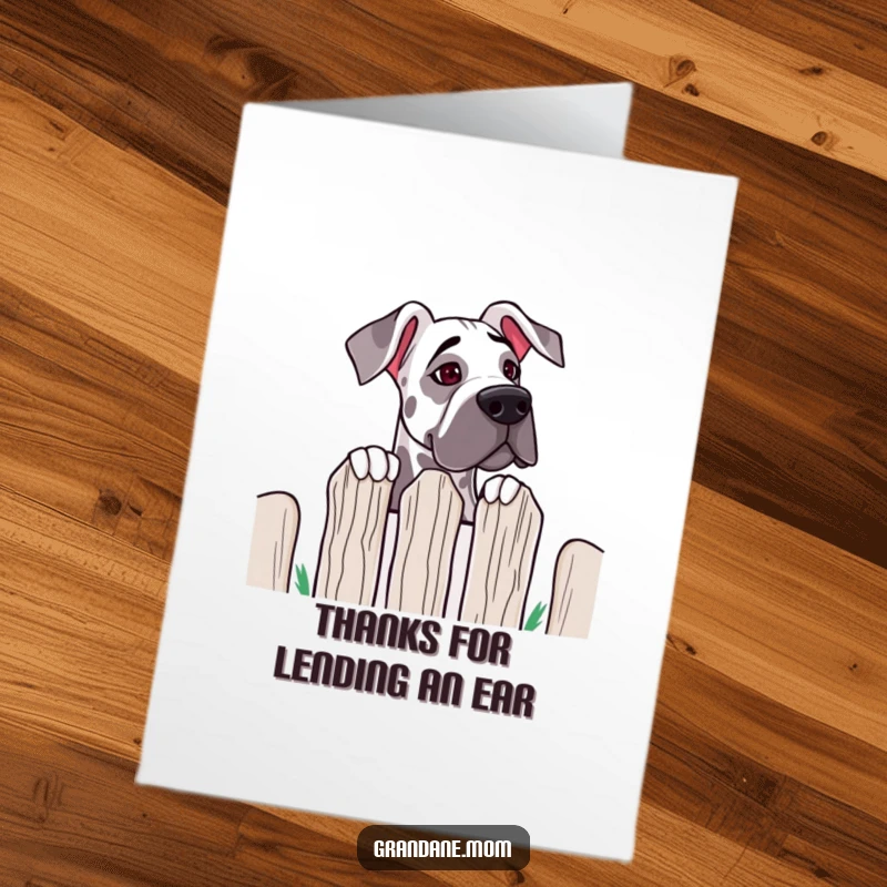Funny Free Printable Thank You Card: A Grand Dane with distinctive floppy ears peeks over a high fence.